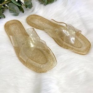 Anthropologie x Matisse | Gold Glitter Clear Jelly Slides in Villa